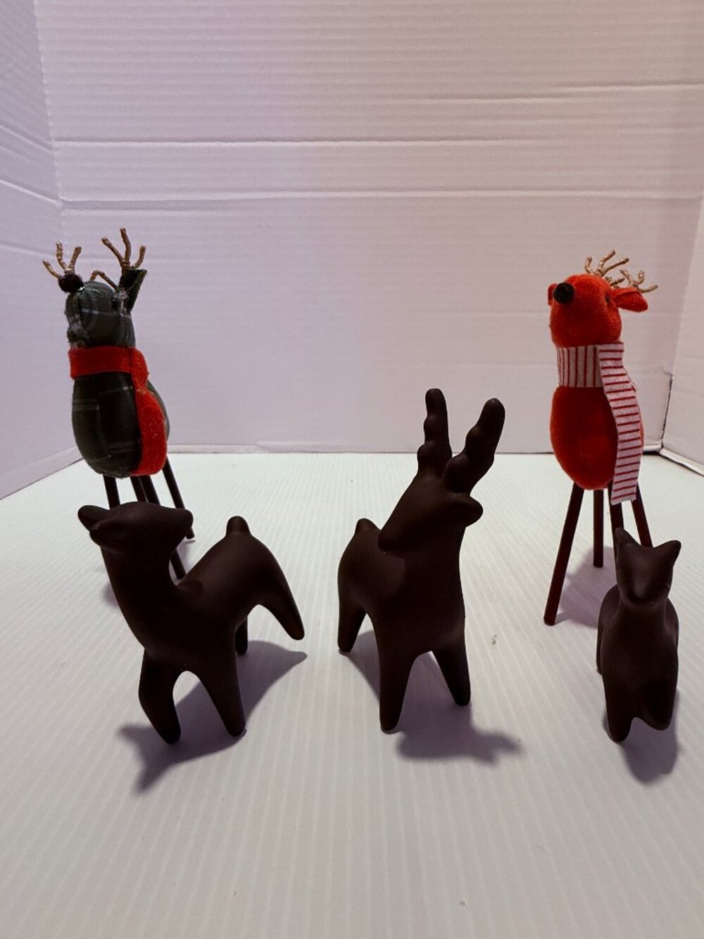 5pc Target Christmas Tabletop Decor Lot Matte Black Metal Figurines Plush Plaid